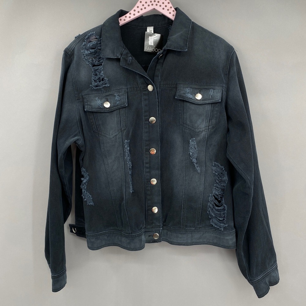 Jaunty Distressed Denim Jacket Women Size M Washed Black Distressed Streetwear